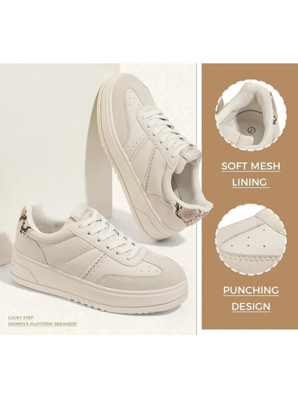 Women's Beige Lace Up Platform Thick Sole Comfortable Casual Fashion Sneakers